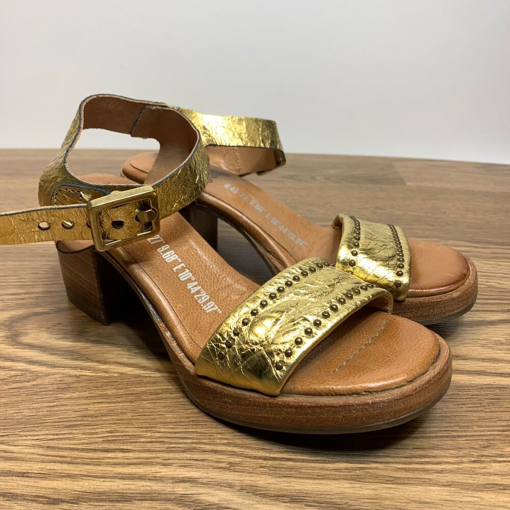 A.S.98 Womens Gold Leather Open Toe Block Heel Ankle Strap Sandals Size 6.5 37